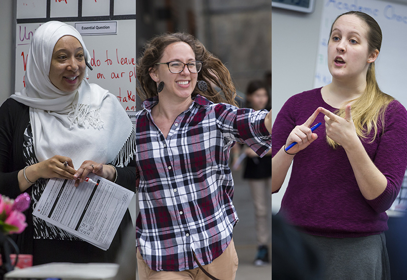 Collage of three photos of different teachers, teaching inside classrooms