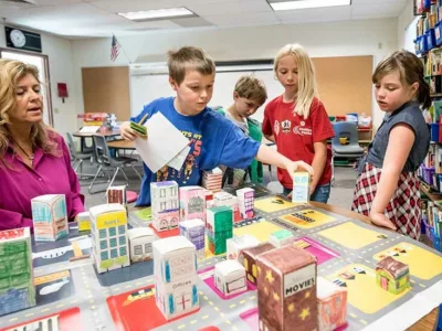 Teacher speaks to students while they touch and observe a 3-D city map
